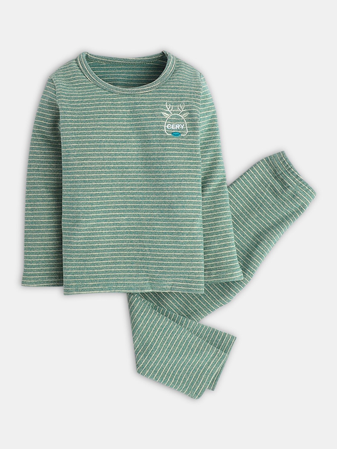 

Hopscotch Boys Green & White Striped Round Neck Night suit