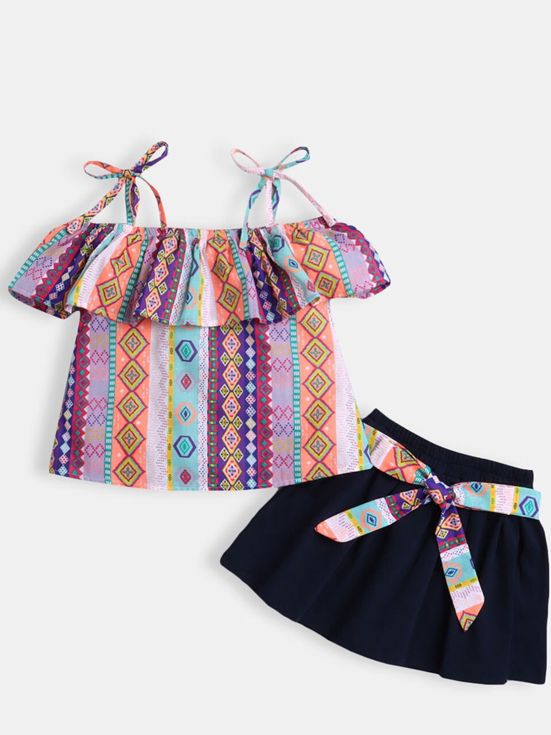 

Hopscotch Girls Blue & Orange Pure Cotton Printed Top with Skirt