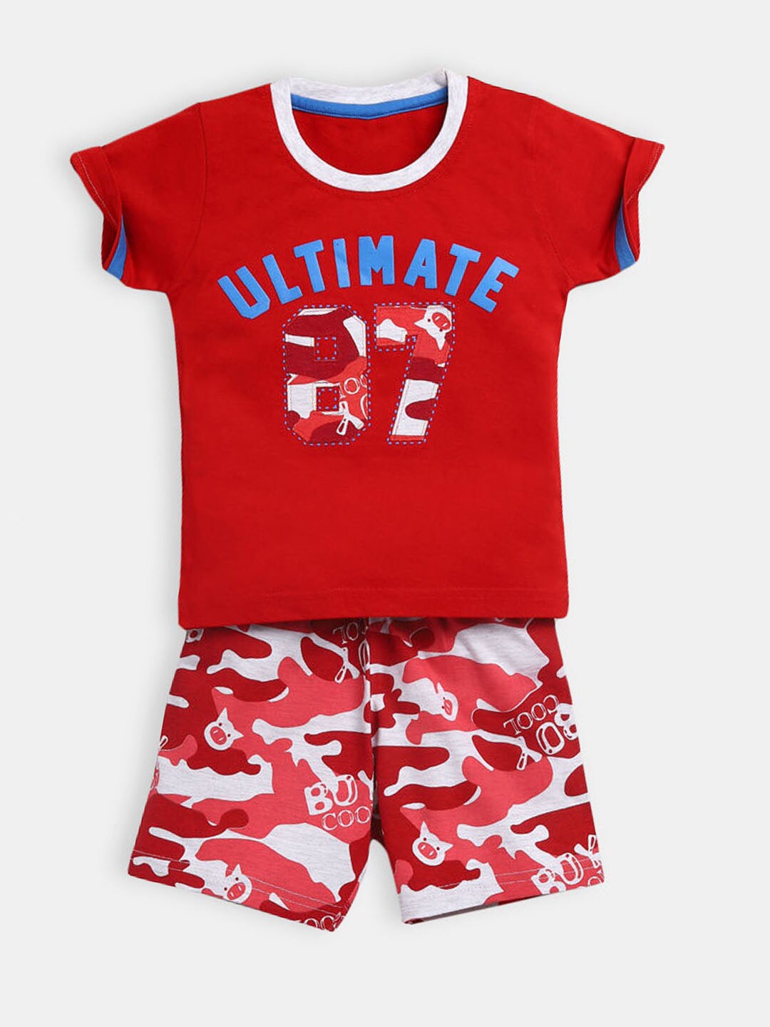 

Hopscotch Boys Maroon & Blue Printed T-shirt with Shorts