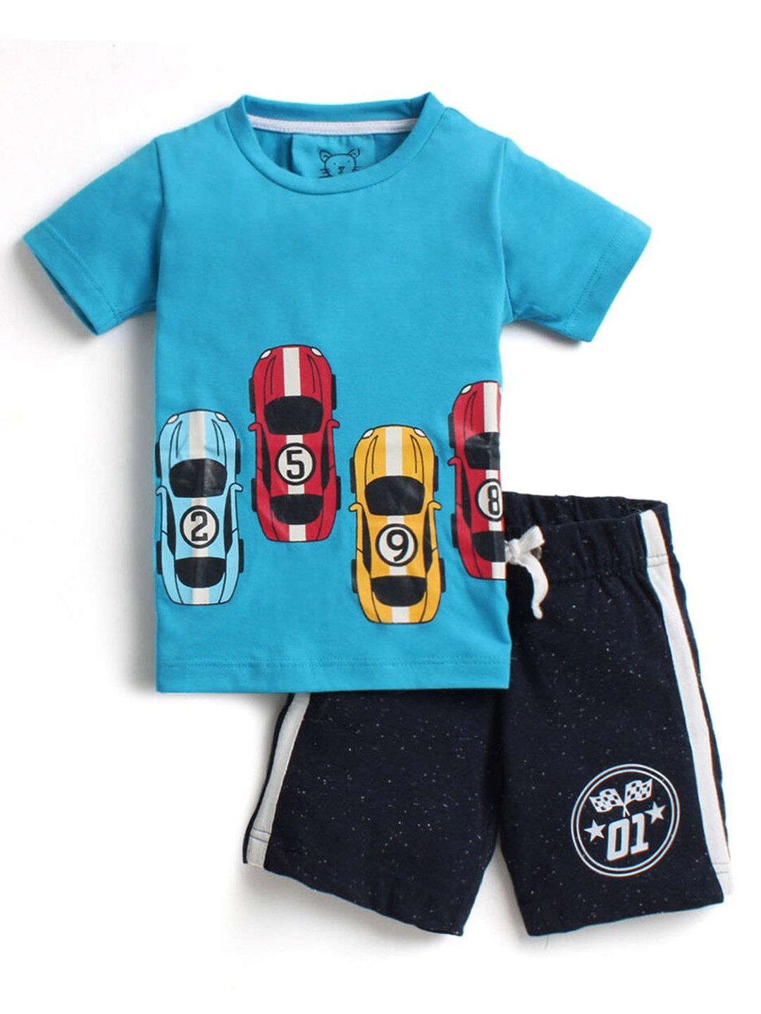 

Hopscotch Boys Navy Blue & Turquoise Blue Printed T-shirt with Shorts