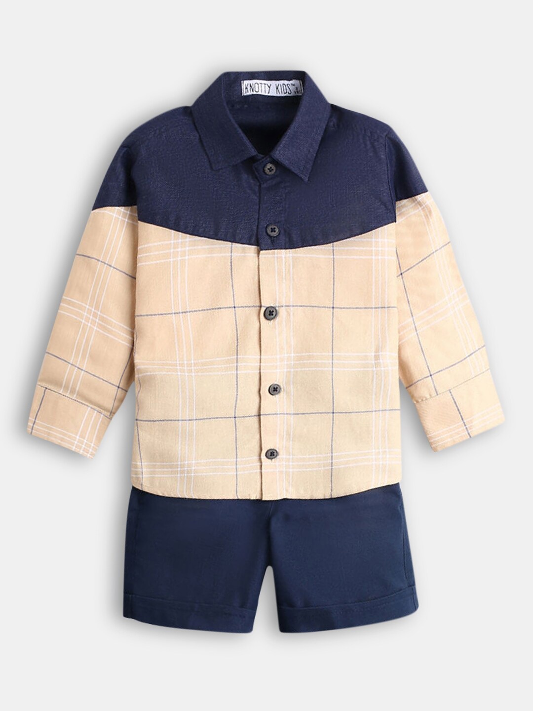 

Hopscotch Boys Peach-Coloured & Navy Blue Checked Pure Cotton Shirt with Shorts