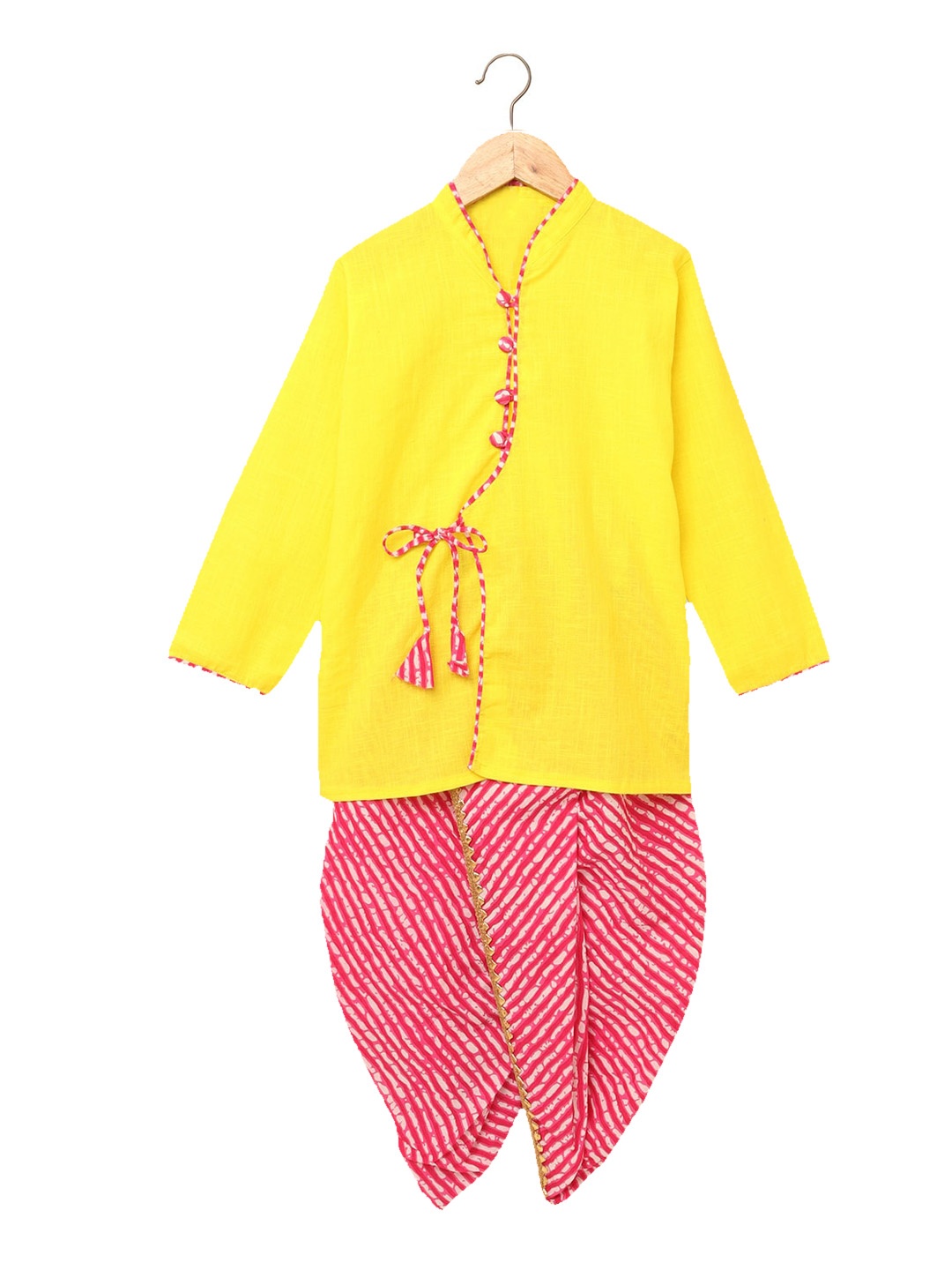 

Hopscotch Boys Yellow Leheriya Printed Kurta with Dhoti Pant Set