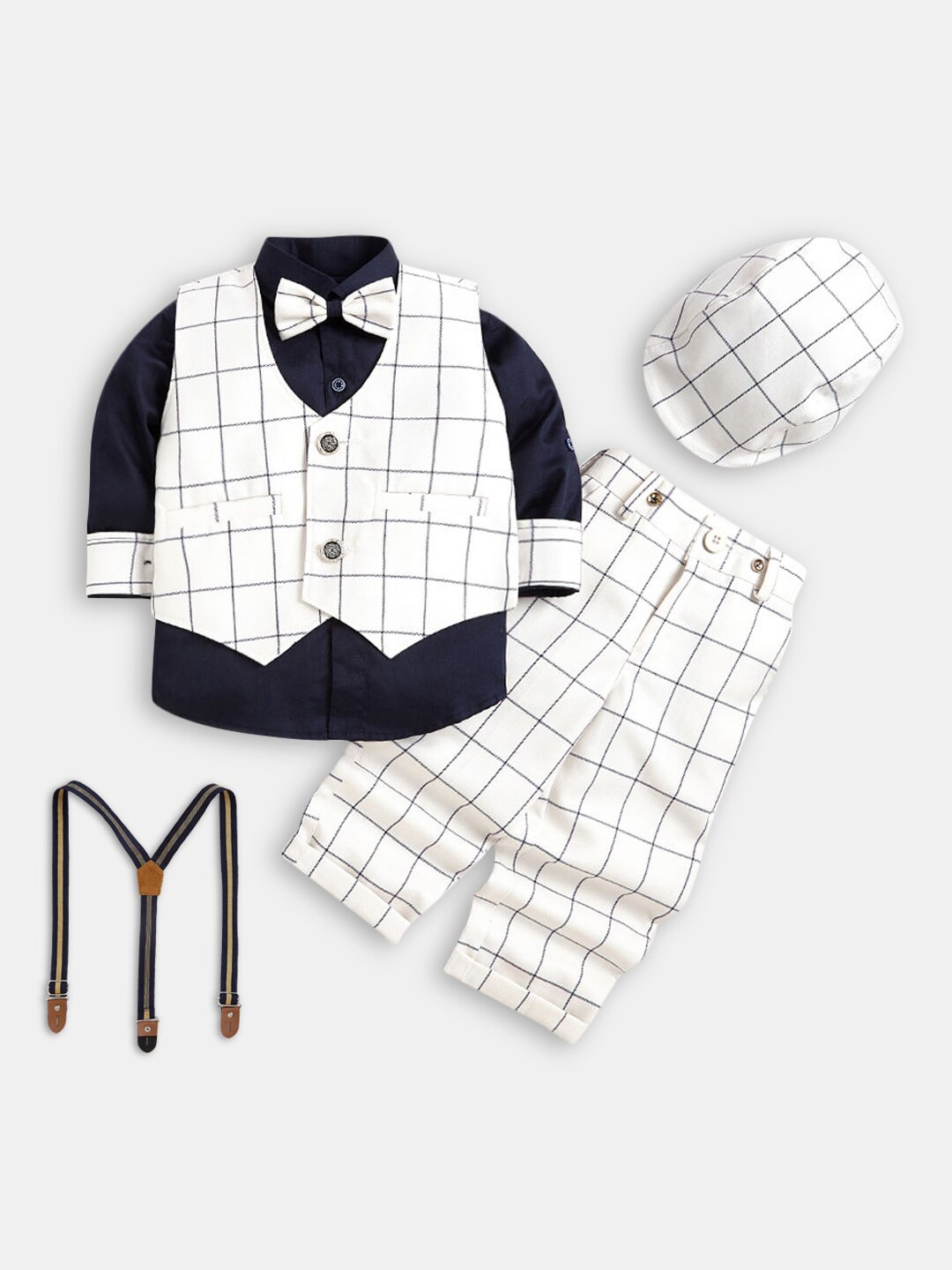

Hopscotch Boys Cream-Coloured & Black Checked Pure Cotton Shirt with Trouser & Waistcoat