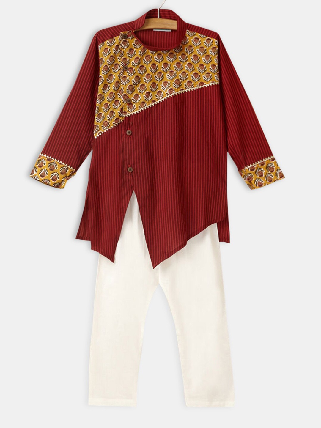 

Hopscotch Boys Maroon Printed Asymmetric Hem Kurta with Pyjama Set