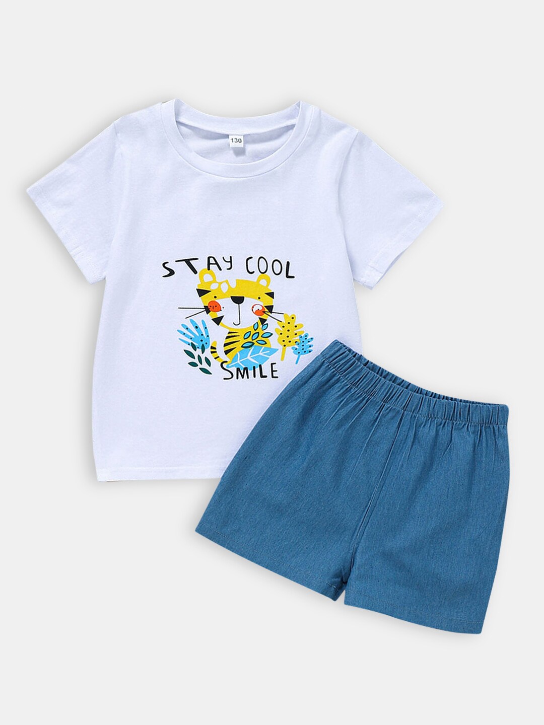 

Hopscotch Boys White & Blue Printed Cotton T-shirt with Shorts Set
