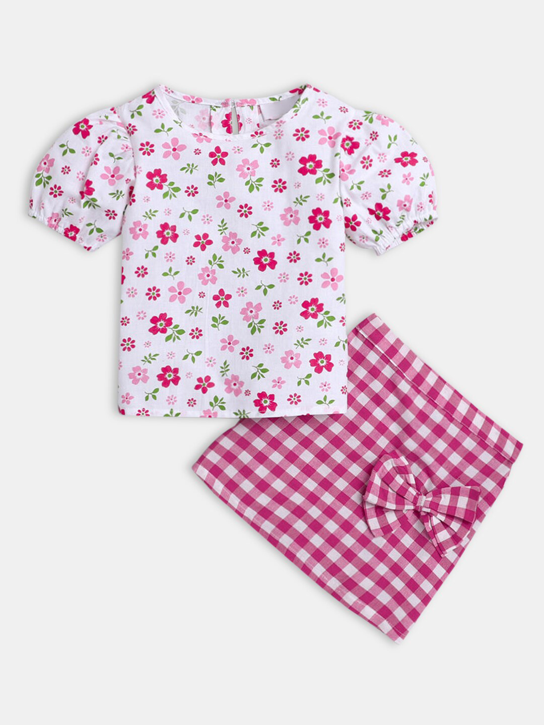 

Hopscotch Girls White & Pink Printed Top with Skirt Set