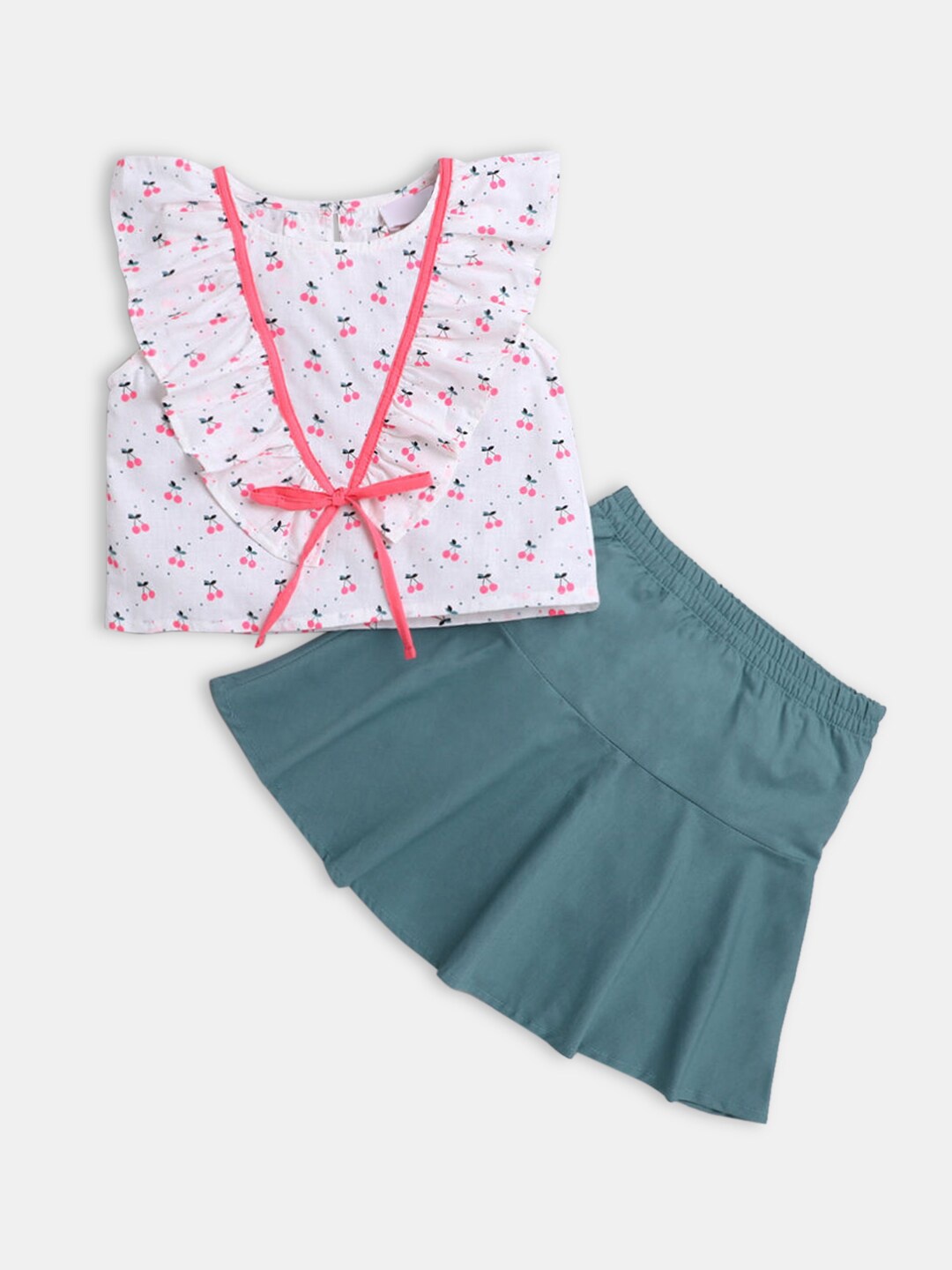 

Hopscotch Girls White & Blue Printed Top with Skirt