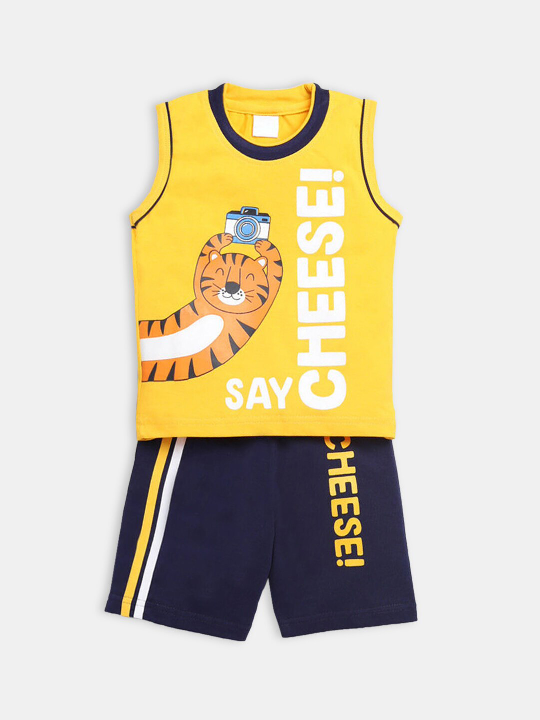 

Hopscotch Boys Yellow & Blue Printed Pure Cotton T-shirt with Shorts