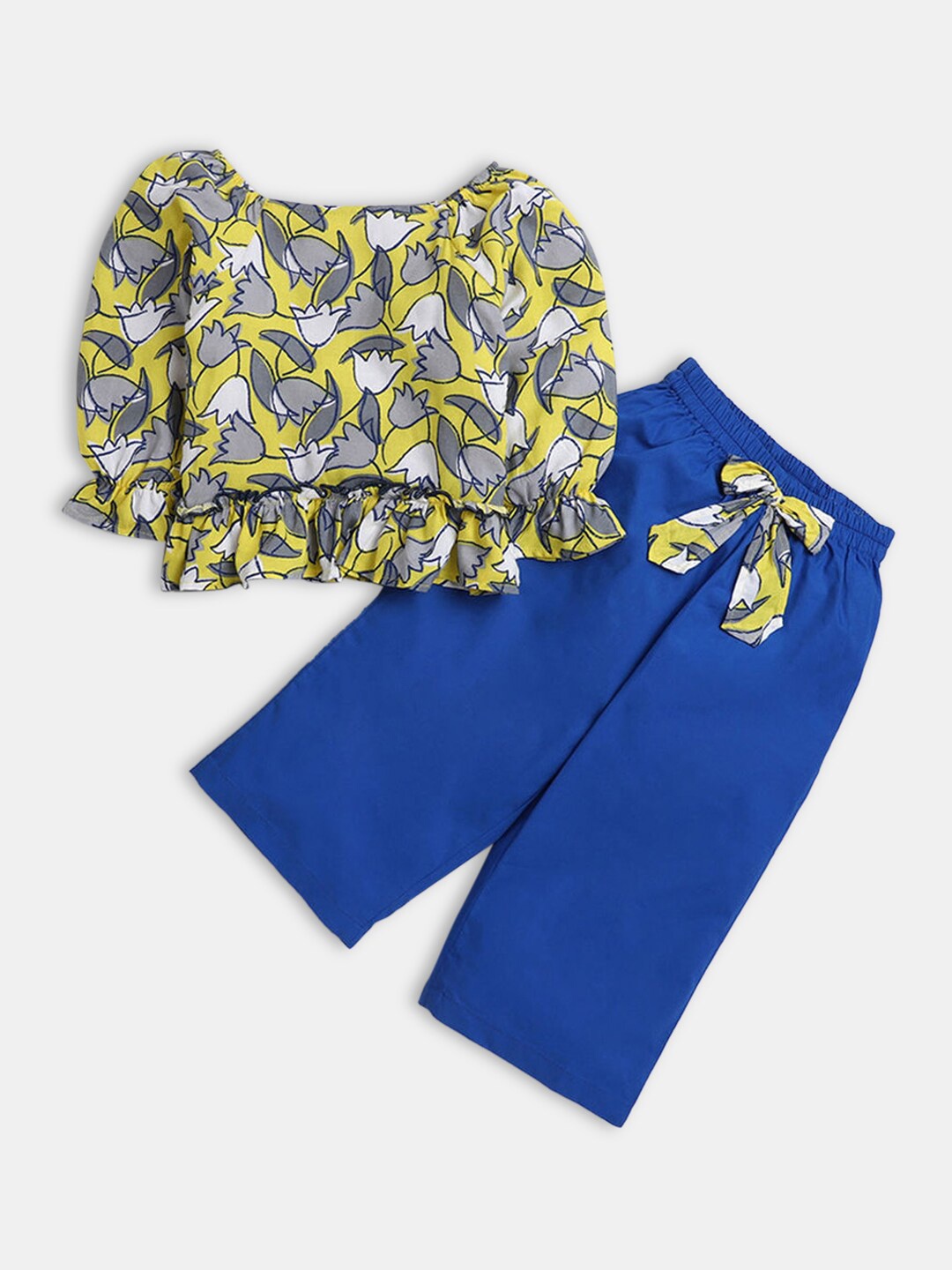 

Hopscotch Girls Yellow & Blue Floral Printed Rayon Top with Palazzo