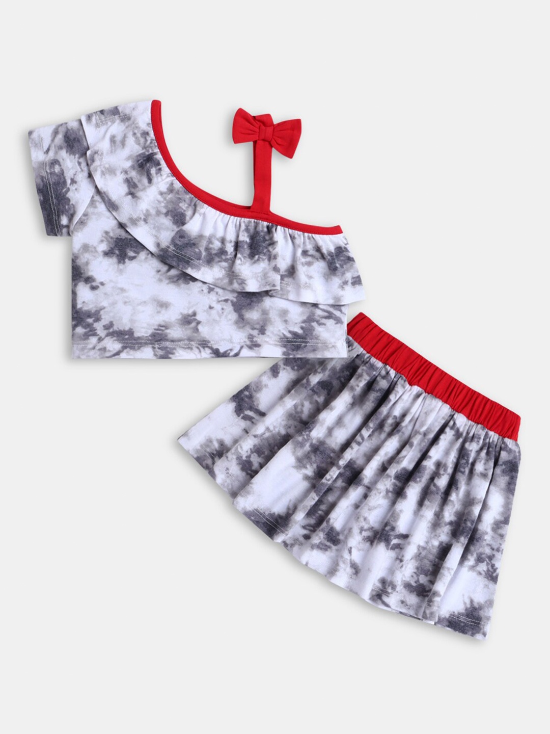 

Hopscotch Girls Off White & Black Dyed One Shoulder Top with Skirt