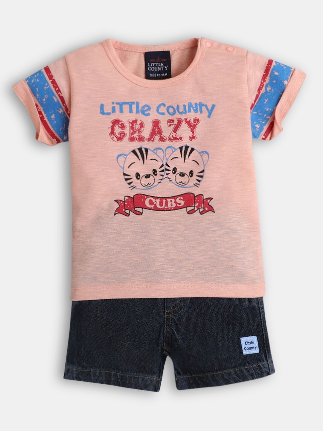 

Hopscotch Boys Peach-Coloured & Blue Printed Pure Cotton T-shirt with Short