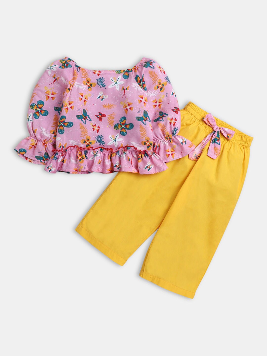

Hopscotch Girls Pink & Yellow Floral Printed Rayon Top with Palazzo