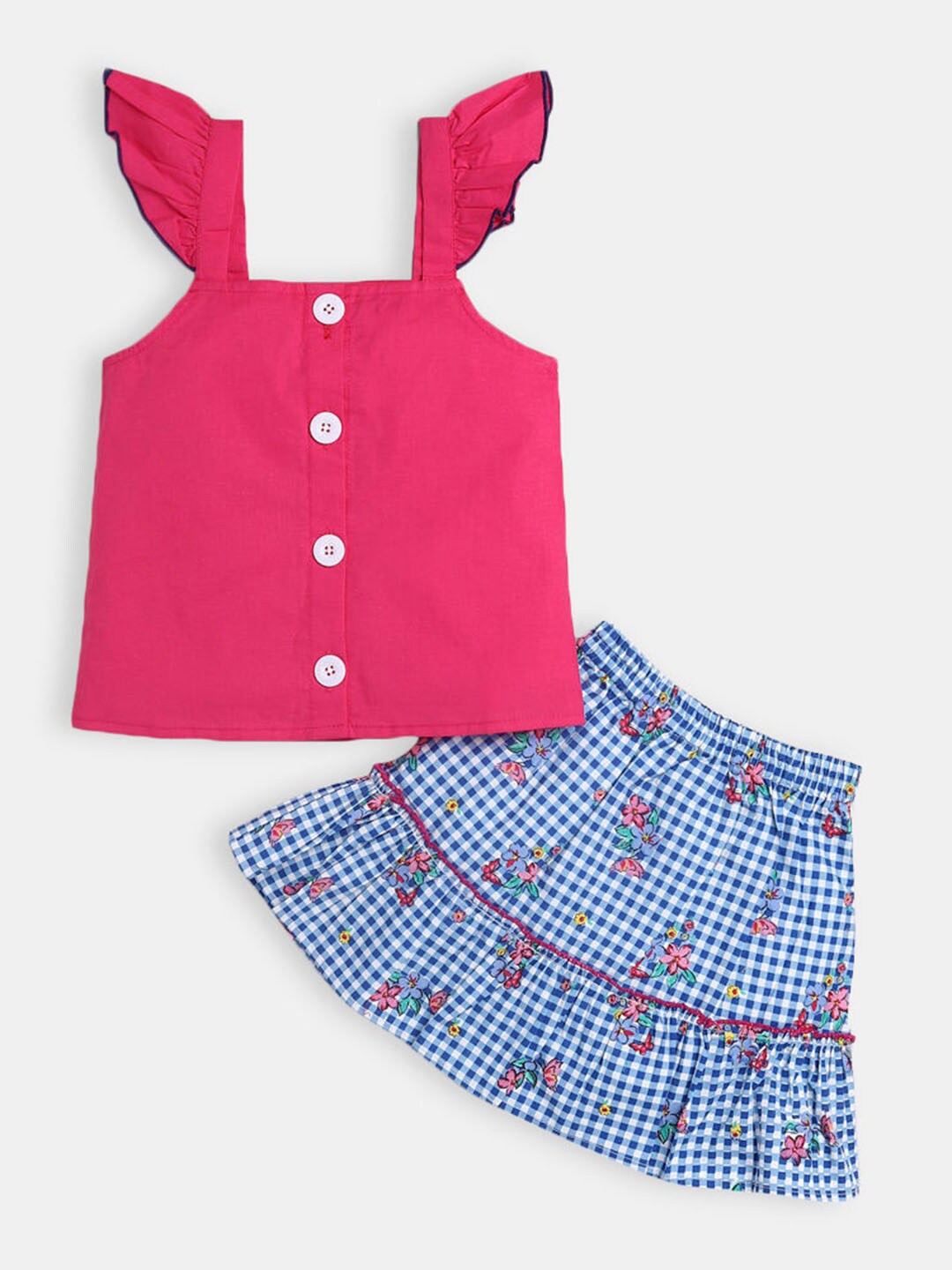 

Hopscotch Girls Blue & Blue Checked Pure Cotton Top with Skirt