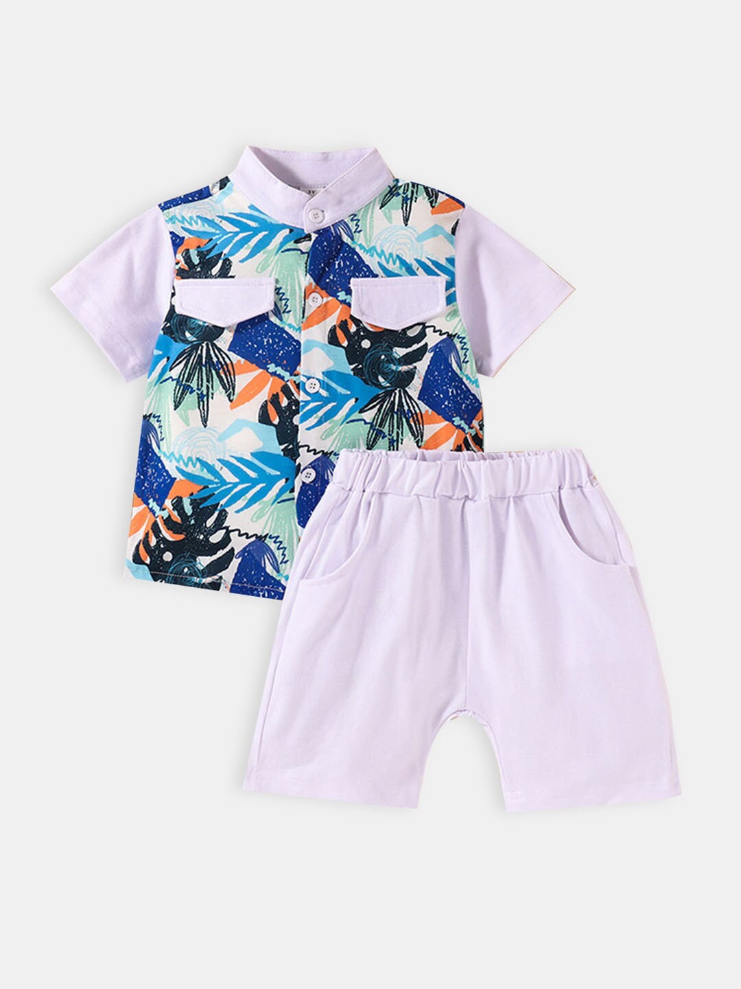 

Hopscotch Boys White & Blue Printed Shirt with Shorts