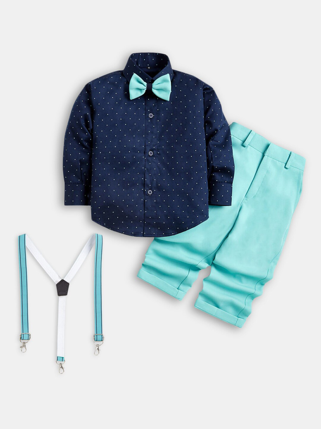 

Hopscotch Boys Turquoise Blue & Off White Printed Shirt with Trousers