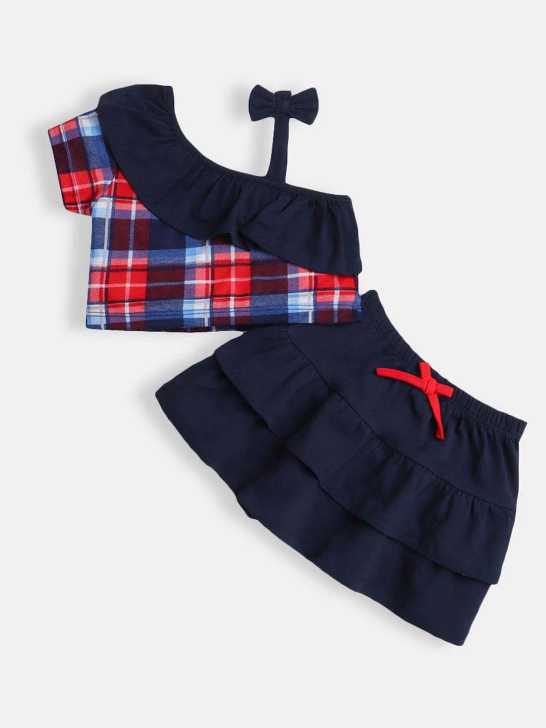 

Hopscotch Girls Blue And Red Checked Top With Skirt