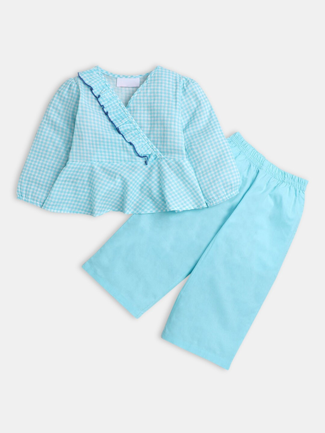 

Hopscotch Girls Blue & Off White Checked Top with Palazzos