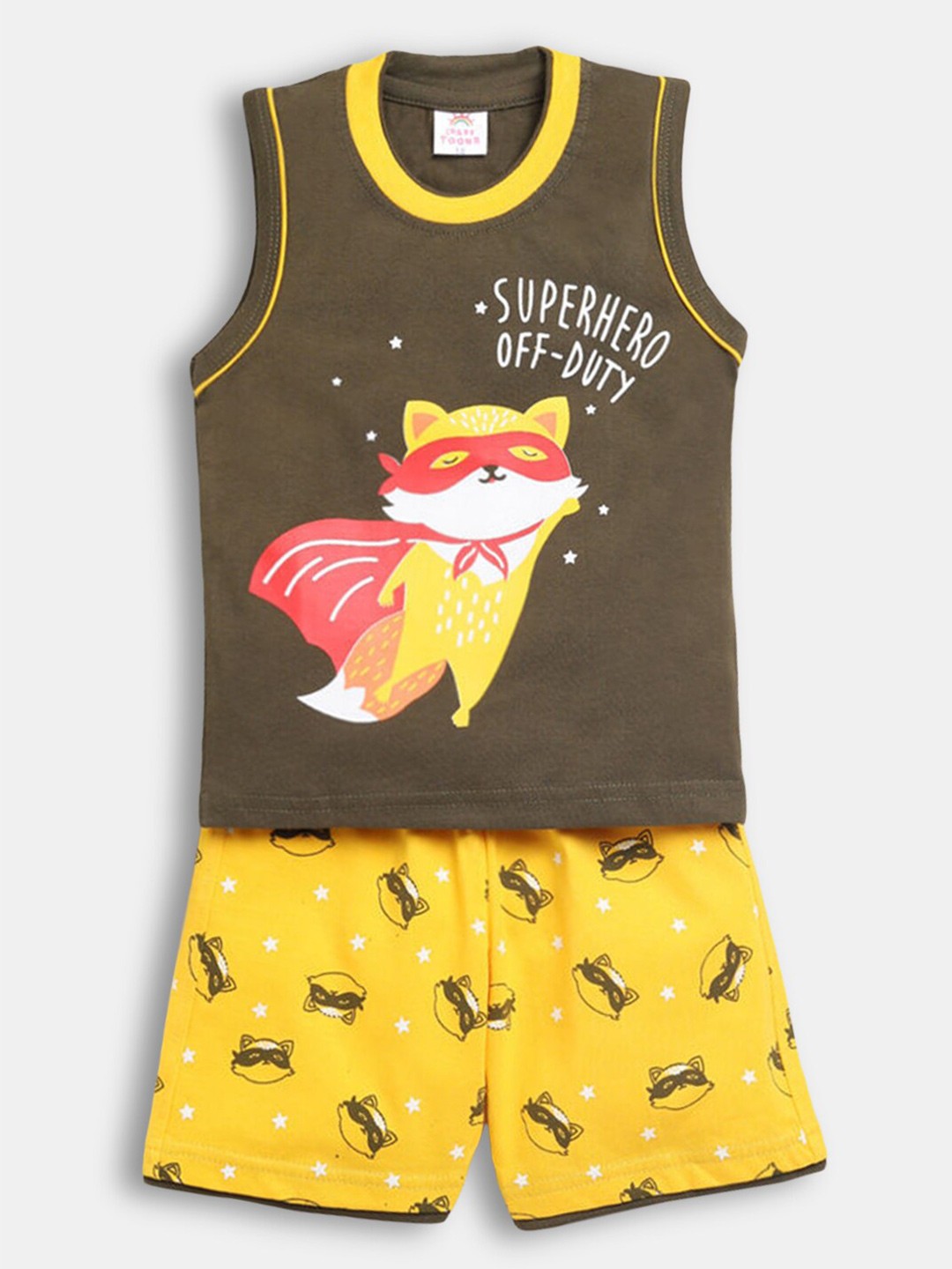 

Hopscotch Boys Olive Green & Yellow Printed T-shirt with Short