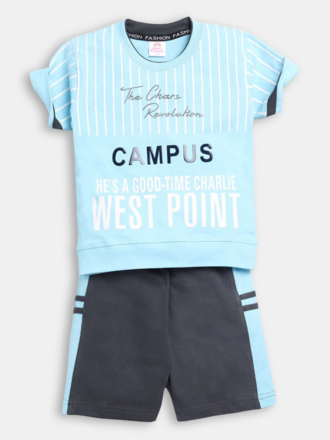 

Hopscotch Boys Blue & Grey Printed Pure Cotton T-shirt with Shorts