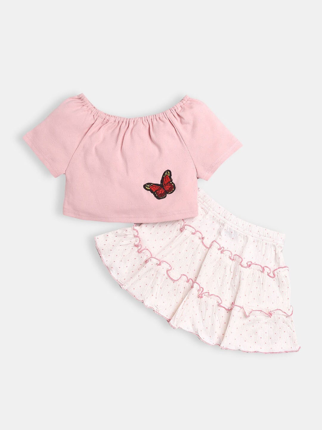 

Hopscotch Girls White & Off White Printed Pure Cotton Top with Skirt
