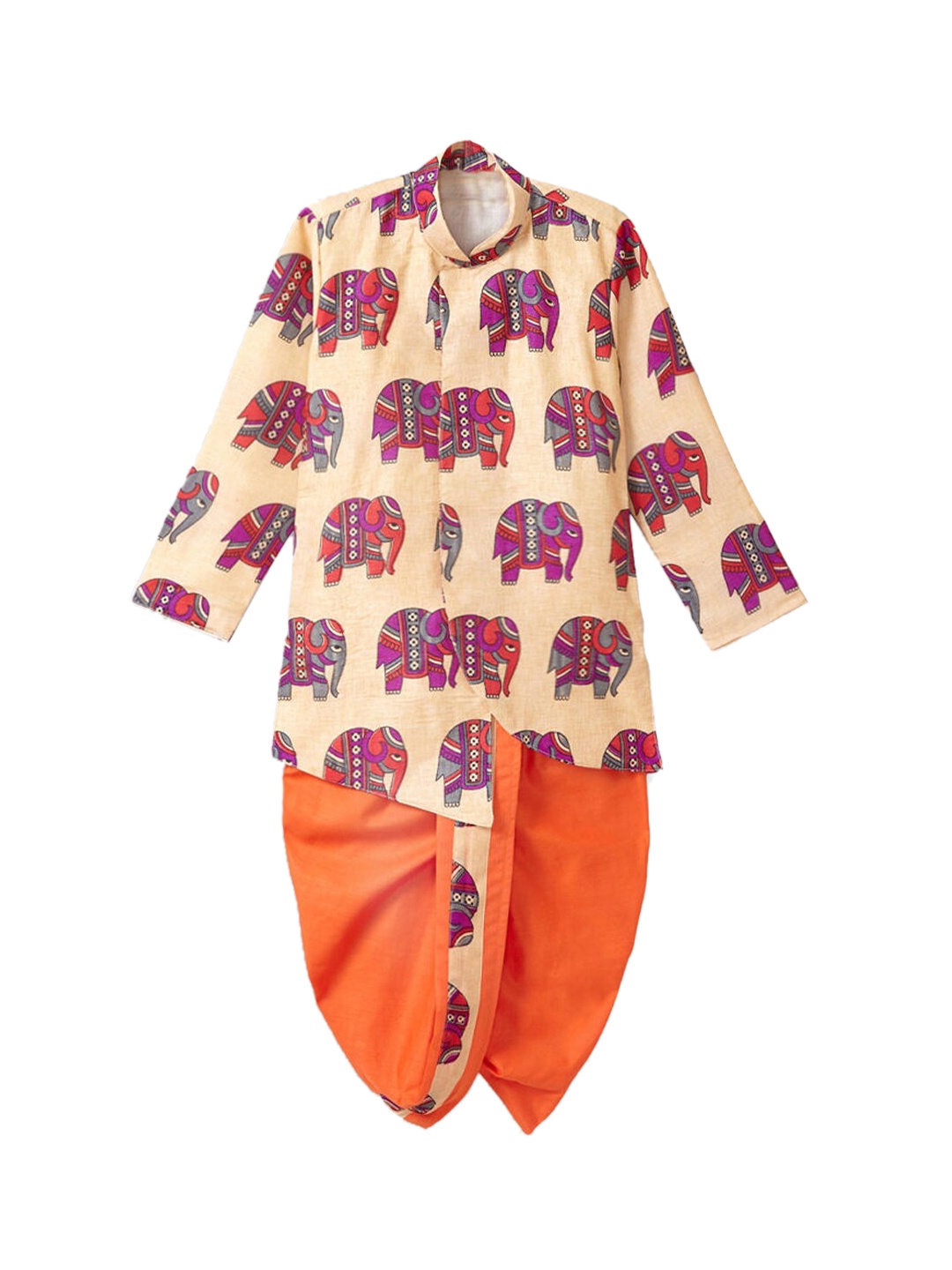 

Hopscotch Boys Orange Animal Printed Kurta with Dhoti Pants