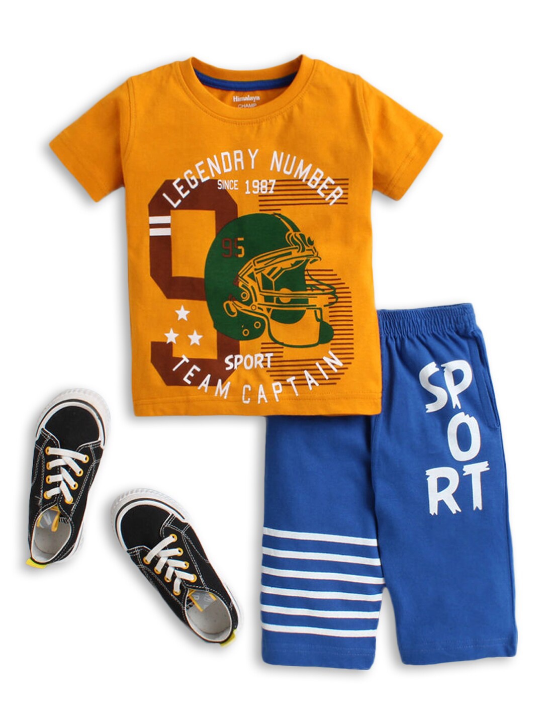 

Hopscotch Boys Yellow & Blue Printed T-shirt And Shorts Set