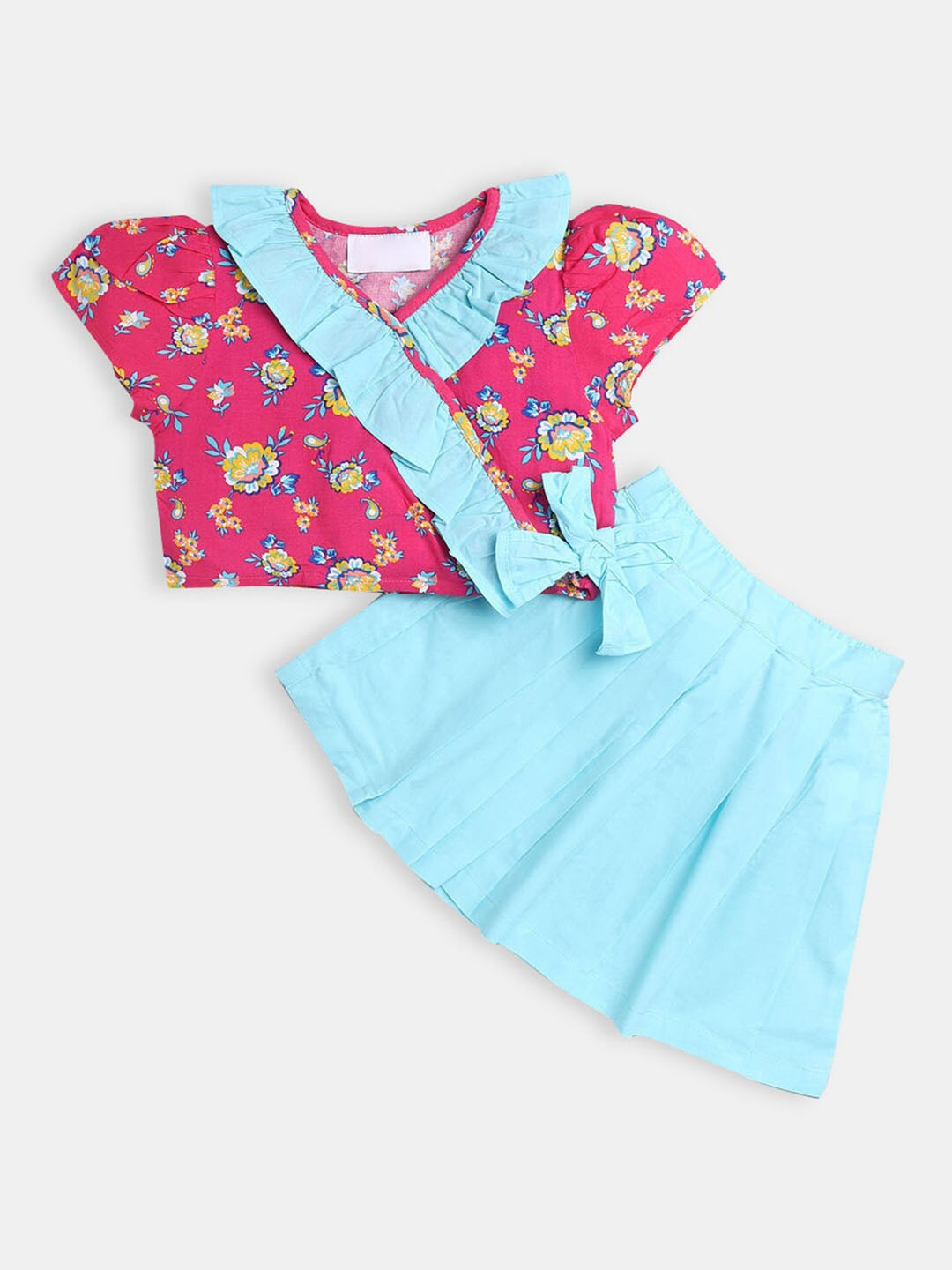 

Hopscotch Girls Cotton Magenta & Blue Printed Top with Skirt Set