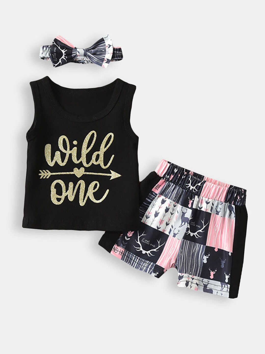 

Hopscotch Girls Black & Pink Printed Cotton Blend Top with Shorts