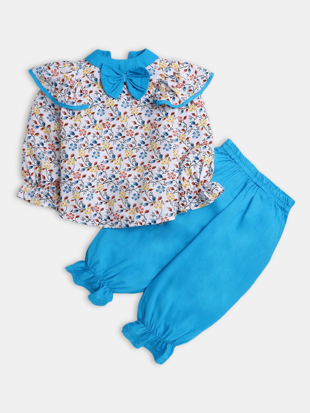 

Hopscotch Girls White & Blue Printed Top with Trousers