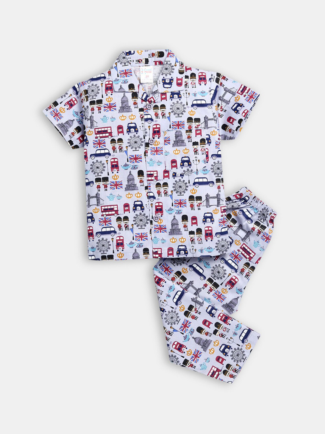 

Hopscotch Boys Grey & Blue Printed Shirt And Pajama Set