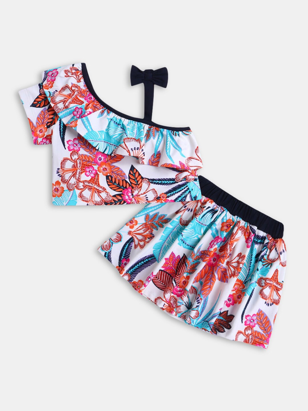 

Hopscotch Girls Off White & Pink Printed Polyester Top with Skirt