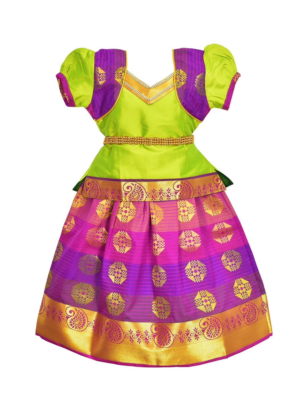AMIRTHA FASHION Girls Green & Pink Embellished Lehenga & Blouse With Dupatta