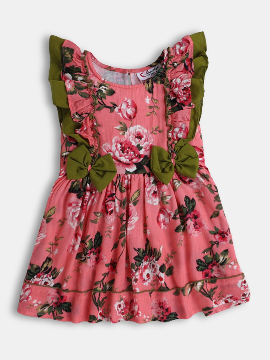 

Hopscotch Girls Pink & Green Floral Printed Cotton Dress