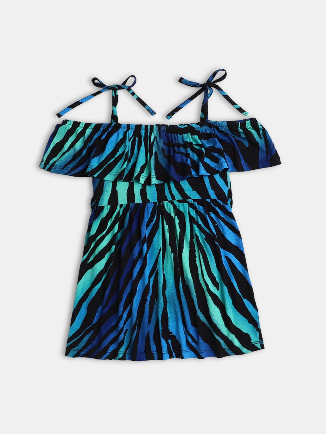 

Hopscotch Girls Blue & Black Printed Off- Shoulder A-Line Dress