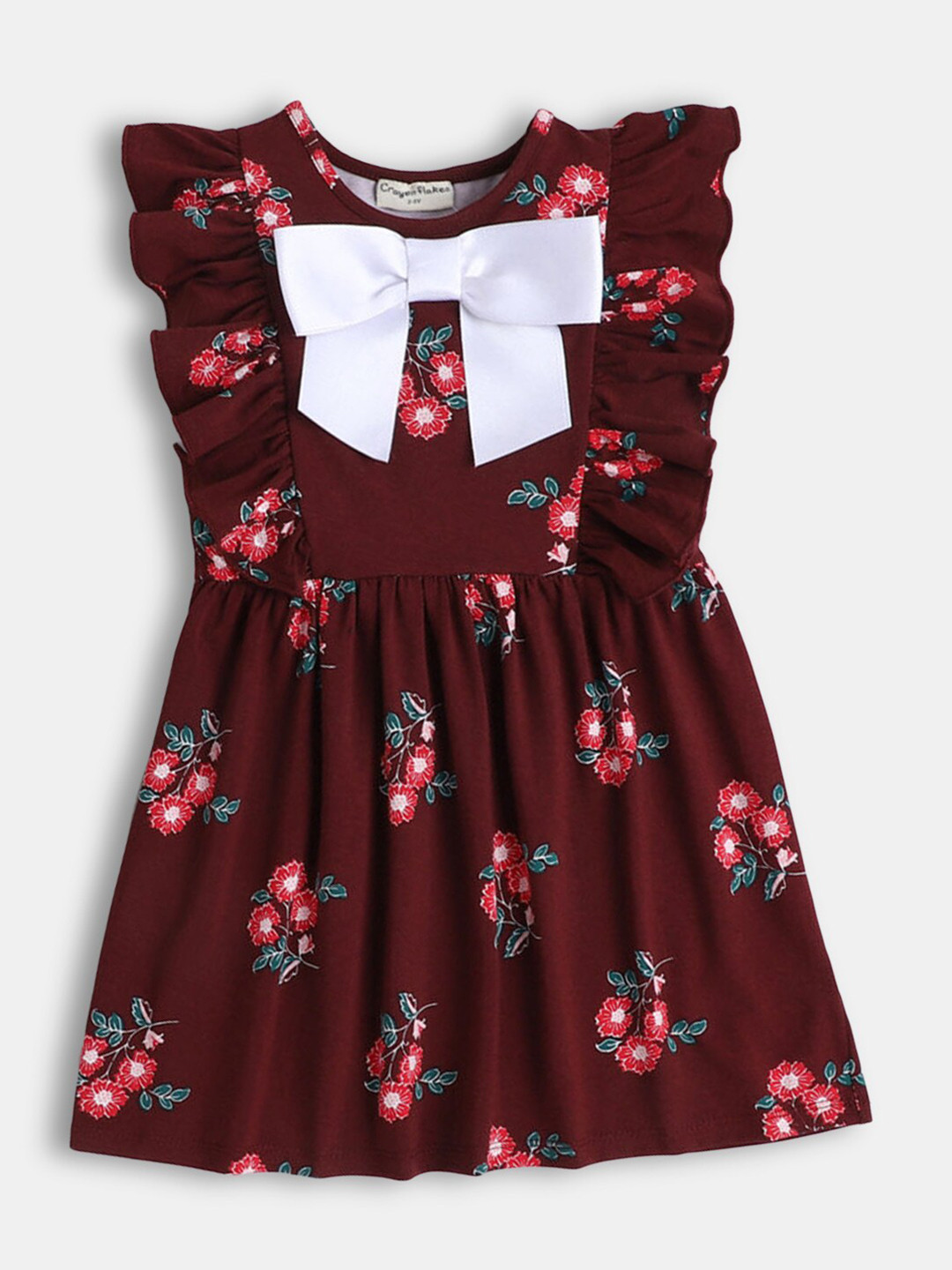 

Hopscotch Maroon Floral Printed A-Line Dress