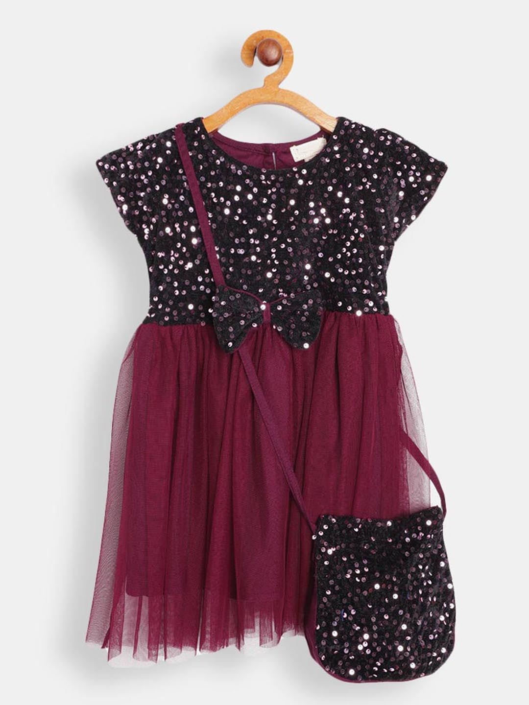 

Hopscotch Girls Maroon Embellished A-Line Dress With Bag