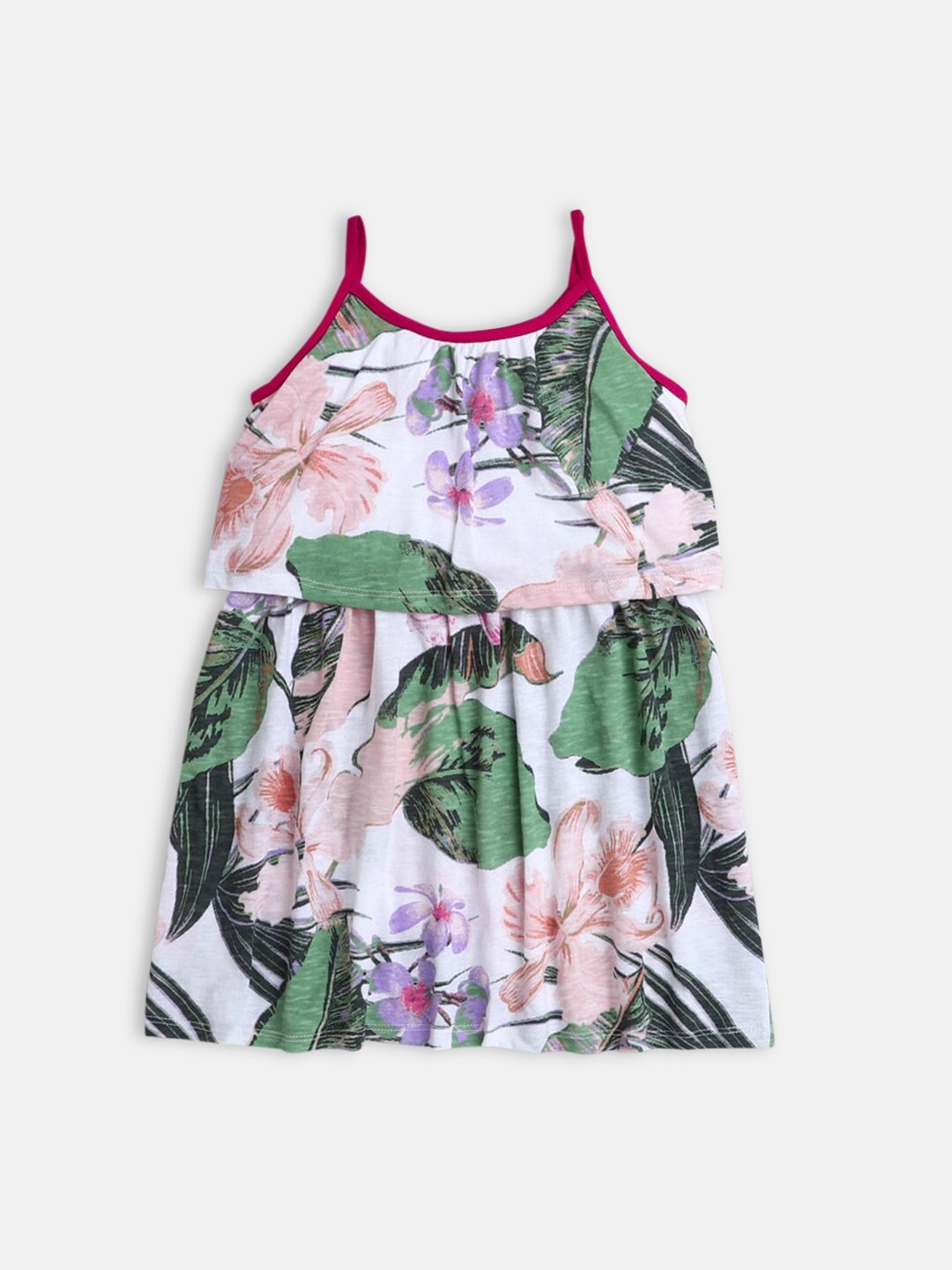 

Hopscotch Girls Off White & Green Floral Printed Pure Cotton A-Line Dress