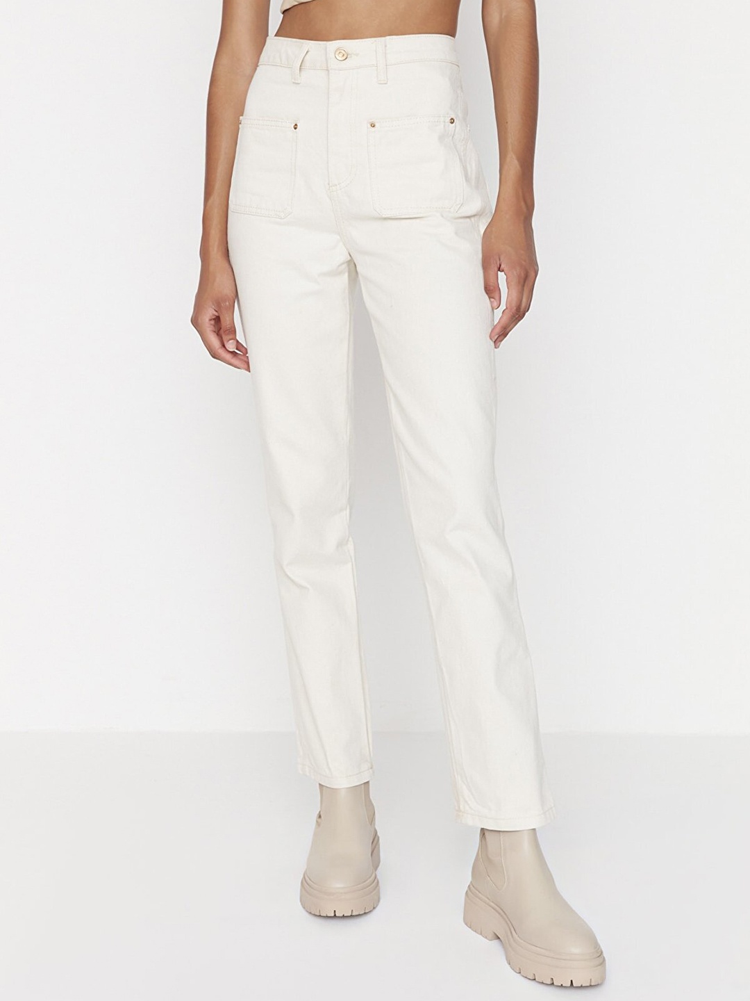 Trendyol Women Off White Cotton Jeans
