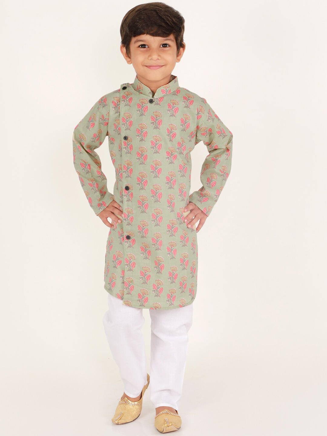 

The Mom Store Boys Beige Floral Printed Angrakha Pure Cotton Kurta with Trouser
