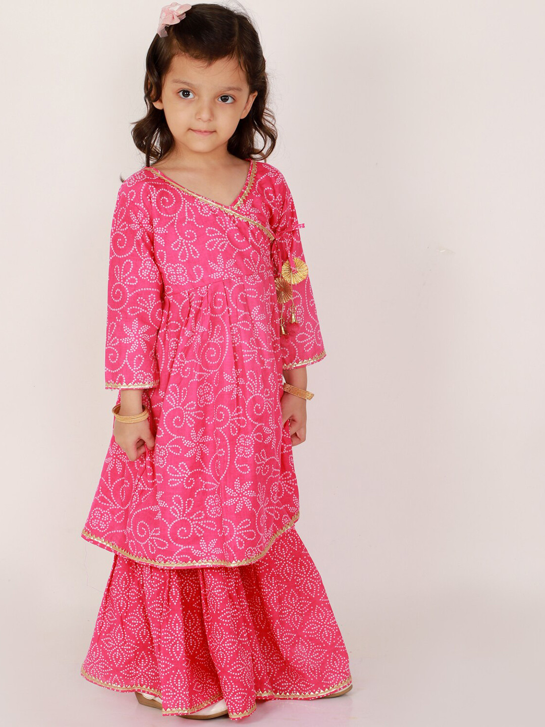 

The Mom Store Girls Pink Bandhani Printed Angrakha Pure Cotton Kurta with Sharara