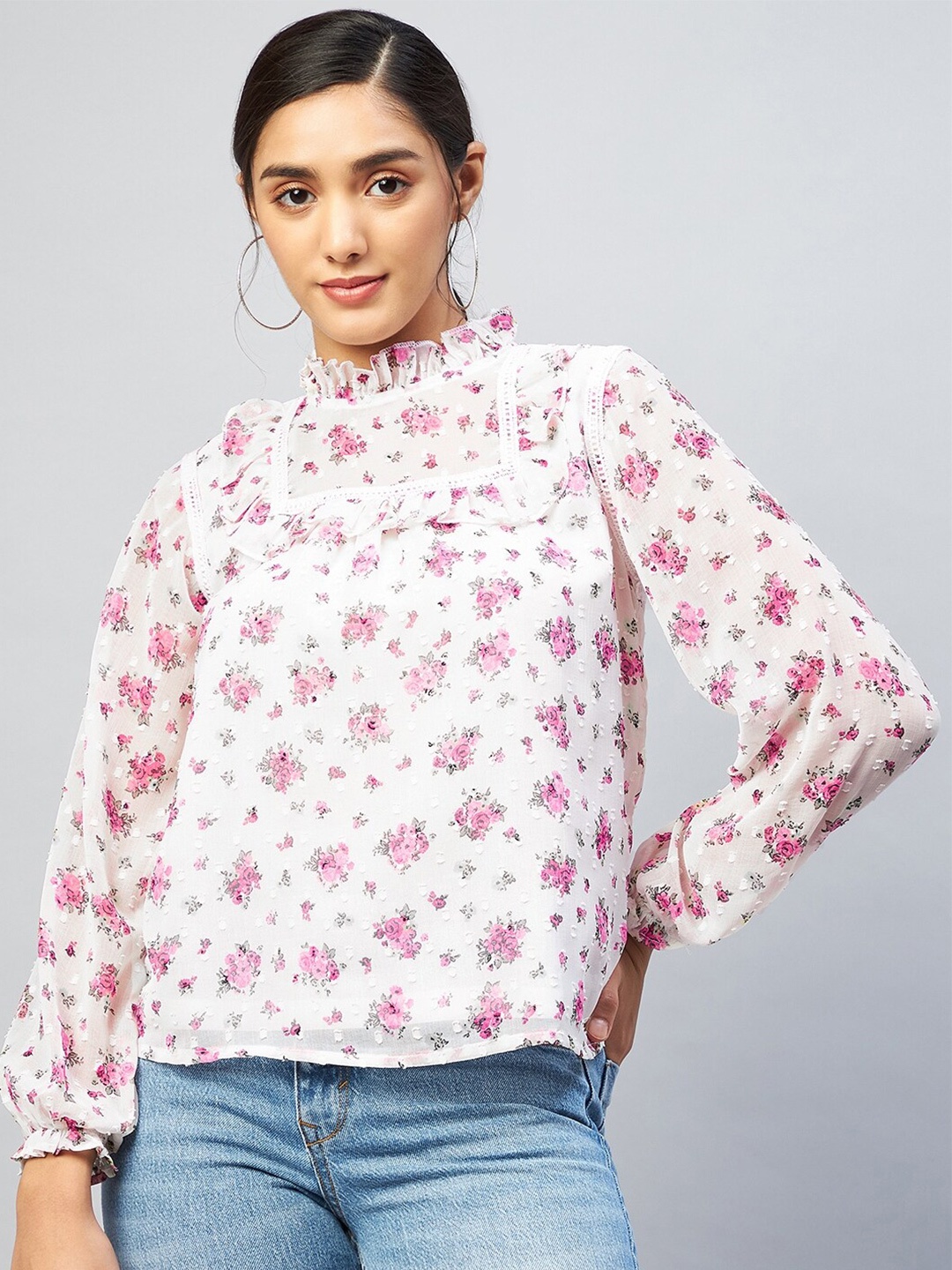 

DELAN Women White & Pink Floral Print Top
