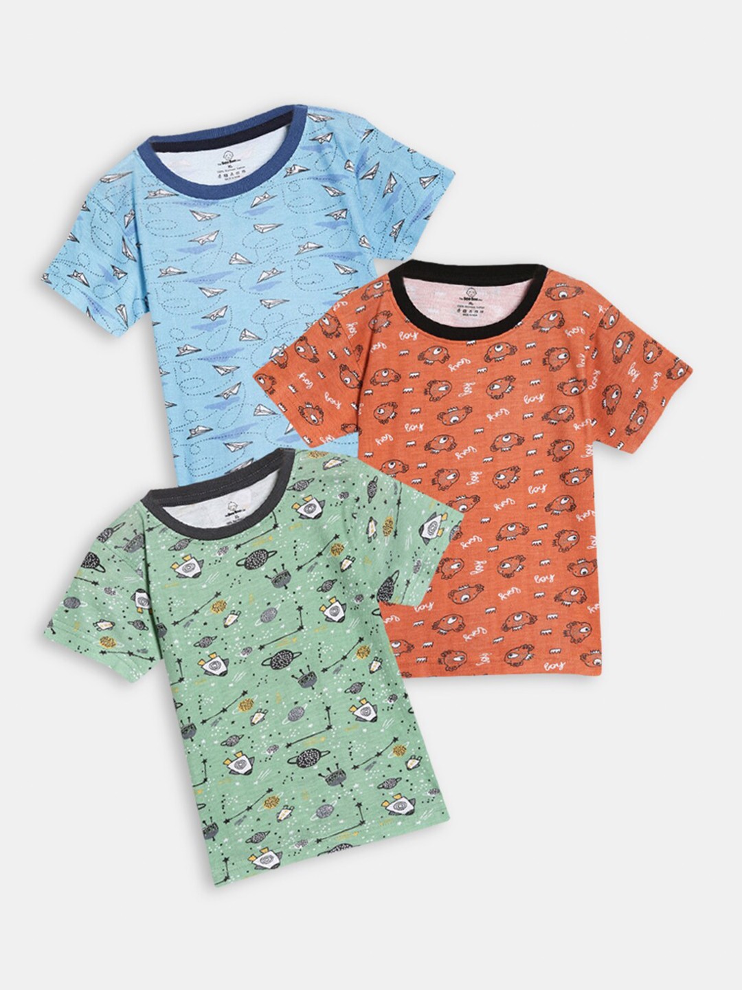 Hopscotch Boys Pack Of 3 Green Blue & Coral Printed Bamboo T-shirts