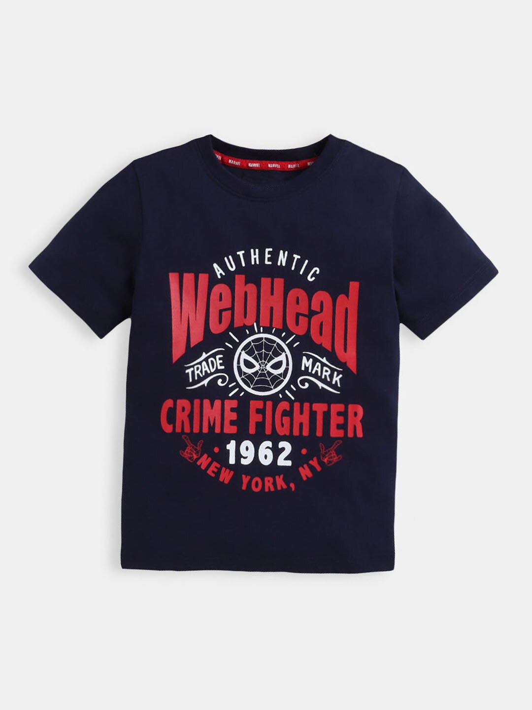 

Hopscotch Boys Navy Blue & Red Typography Printed T-shirt