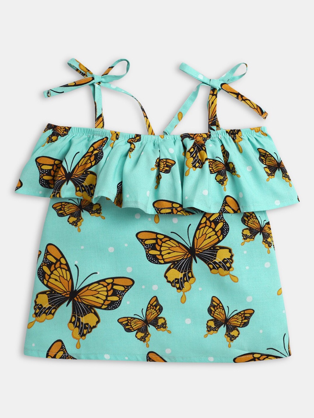 

Hopscotch Girls Green & Yellow Floral Print Ruffles Blouson Top