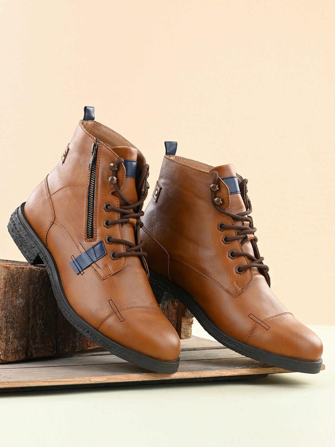 El Paso Men Tan-Brown Solid Casual Mid-Top Boots