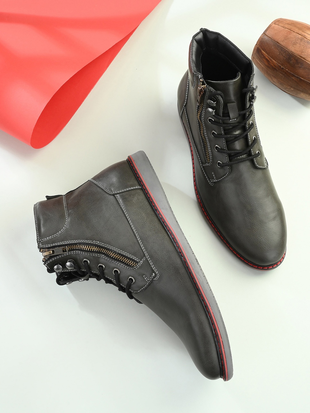 El Paso Men Grey Black Solid Leather Ankle Boots