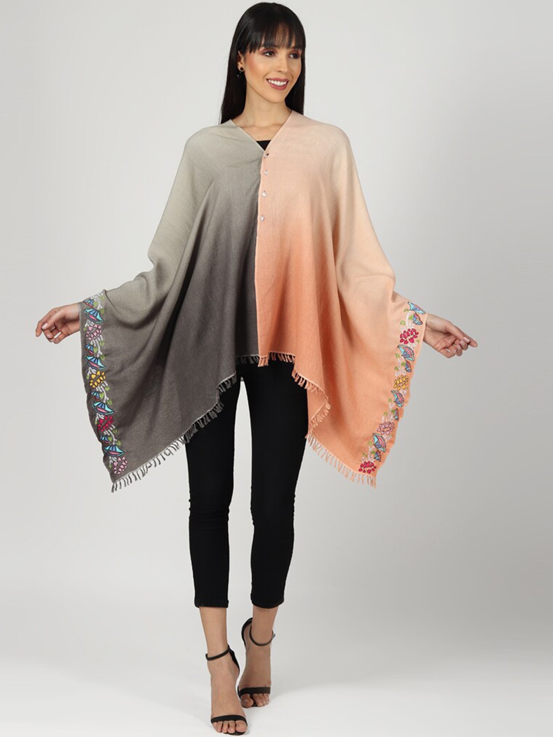 

MODARTA Women Pink & Grey Embroidered Poncho Shawl