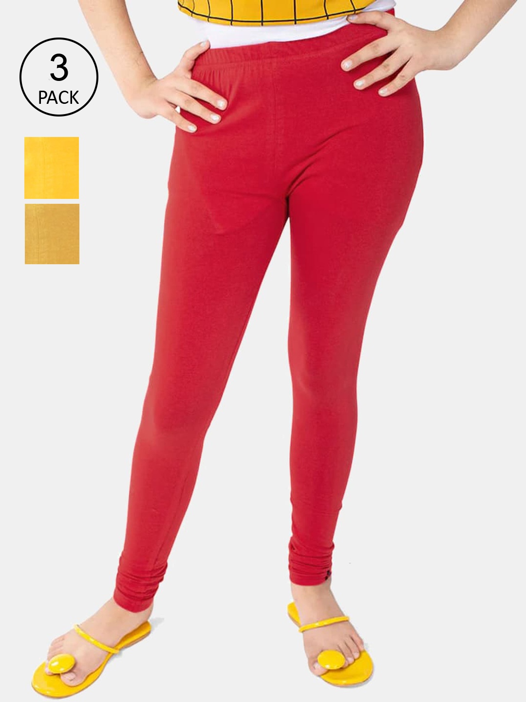 

FRENCH KLEIDER Girls Pack Of 3 Solid Churidar-Length Leggings, Red