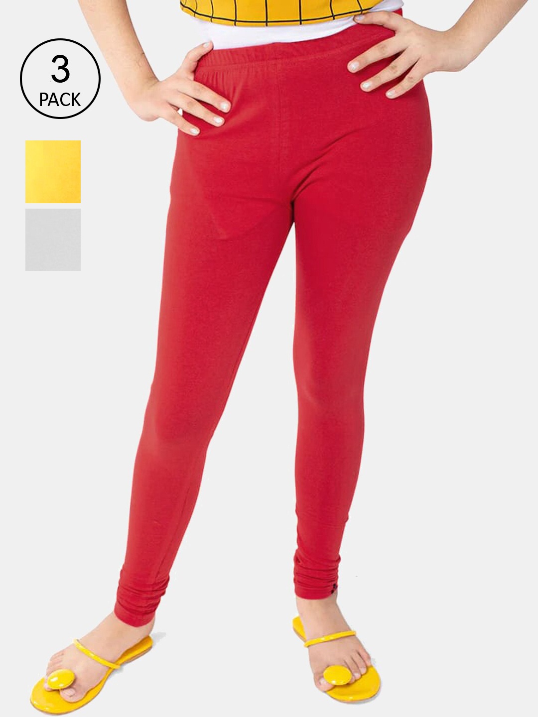 

FRENCH KLEIDER Girls Pack Of 3 Solid Churidar-Length Leggings, Red