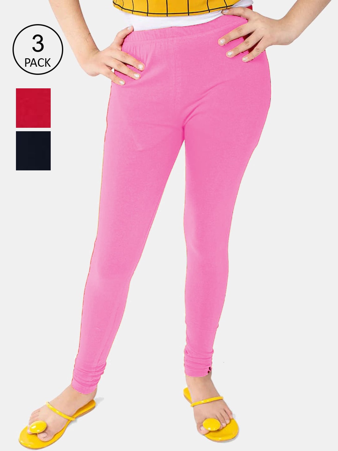 

FRENCH KLEIDER Girls Pack Of 3 Solid Churidar-Length Leggings, Pink